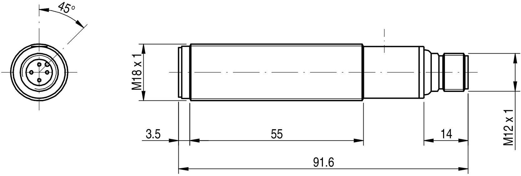 Technische Zeichnung eines zylindrischen Sensors mit Maßen: Länge 91,6 mm, Hauptdurchmesser M18 x 1, Anschlussdurchmesser M12 x 1.