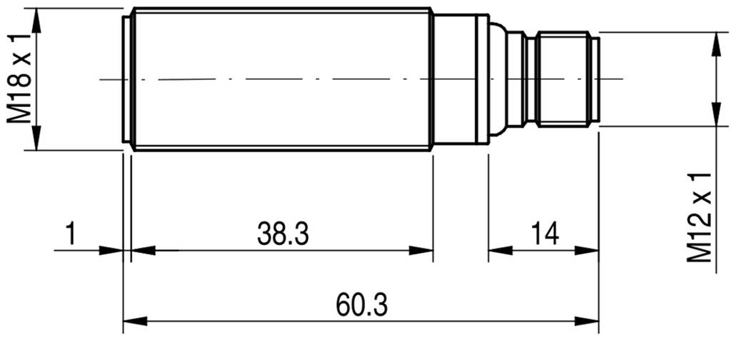 Technische Zeichnung eines zylindrischen Sensors mit Abmessungen: Länge 60,3 mm, Durchmesser M18 x 1, Gewindeanschluss M12 x 1.