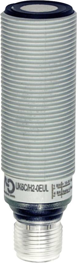 Ein zylindrischer Sensor mit Aufschrift 'UK6C/H2-0EUL'. Der Sensor hat ein geripptes Gehäuse und einen Metallanschluss an der Unterseite.