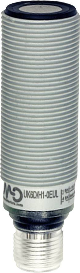 Ein zylindrischer Sensor mit gerippter Oberfläche und Stecker an der Unterseite; verwendet zur Erkennung oder Messung in Automatisierungssystemen.