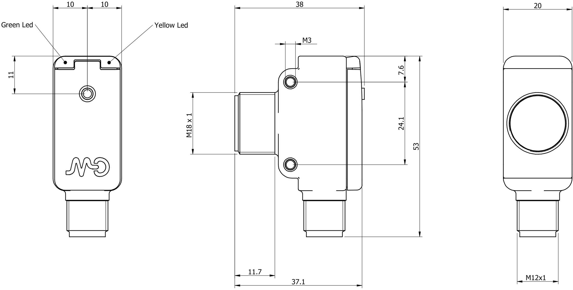 Technische Zeichnung eines Sensors mit Abmessungen in Millimetern. Links und oben sind LEDs, vorne ein Gewinde M12x1.