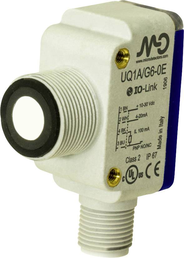 Ein zylindrischer Sensor mit Metallgehäuse, gekennzeichnet durch technische Spezifikationen wie 'IO-Link', Spannung und Stromstärke.