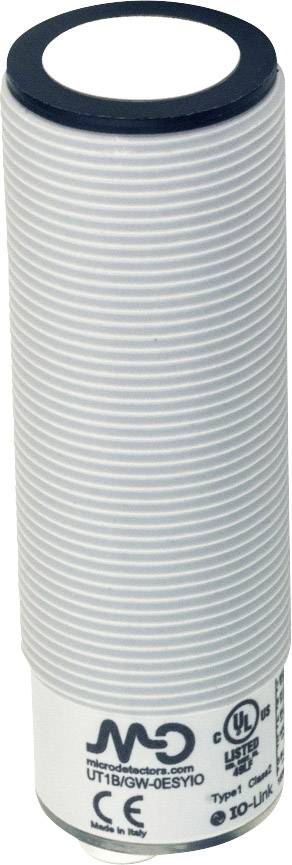 Zylindrischer Näherungssensor mit gerippter Oberfläche und CE-Kennzeichnung, verwendet für berührungslose Objekterkennung.