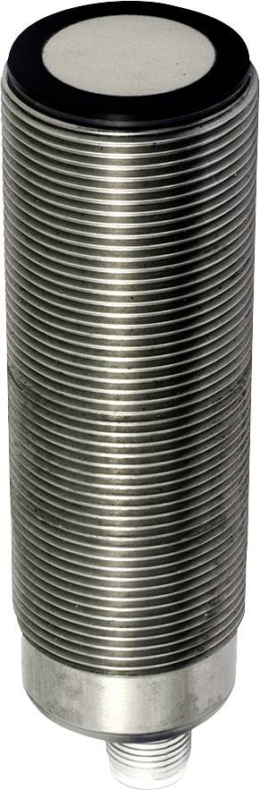 Zylindrischer Sensor mit geripptem Metallgehäuse und flacher Abtastoberfläche, geeignet für industrielle Anwendungen.