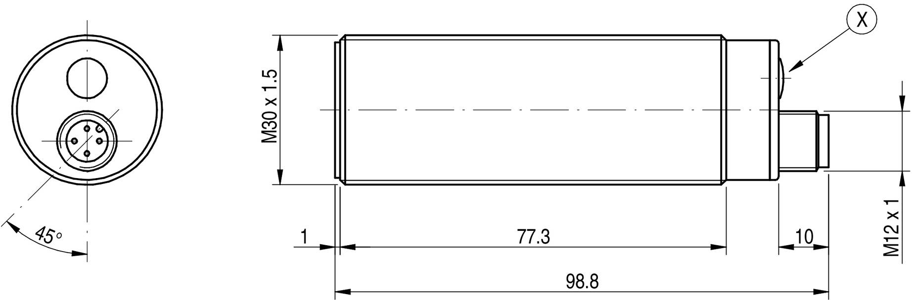 Technische Zeichnung eines zylindrischen Messsensors mit Maßen: Länge 98,8 mm, Gewinde M30 x 1,5, erweitert durch M12 x 1, frontal und seitlich dargestellt.