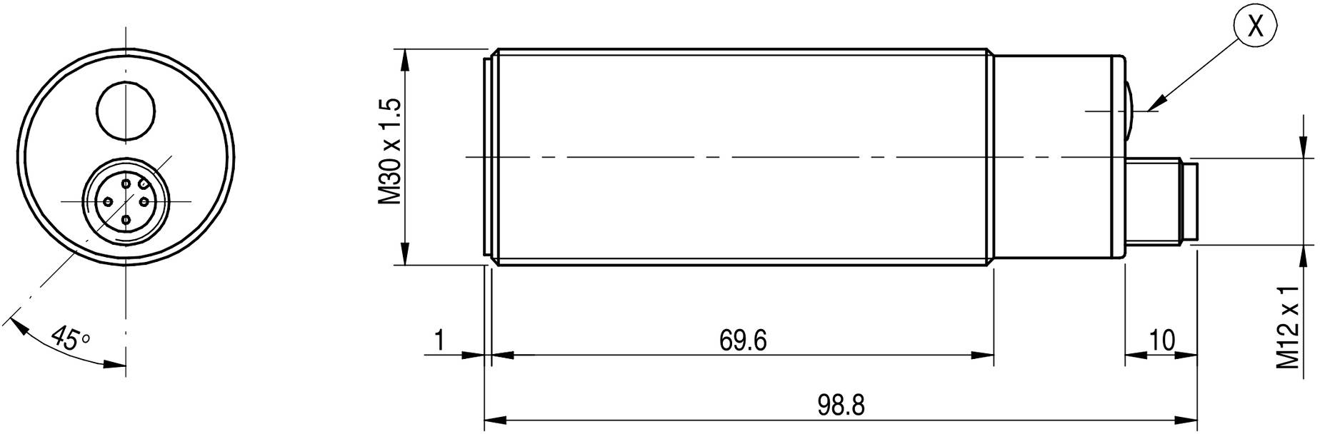 Technische Zeichnung eines zylindrischen Bauteils mit Maßen: Durchmesser M30 x 1,5, Länge 98,8 mm. Enthält Anschlüsse und Gewinde.