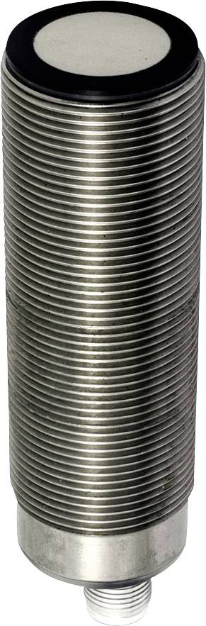 Zylindrischer, gerippter Metallsensor mit Gewinde, wahrscheinlich ein Näherungssensor, vor einem weißen Hintergrund.