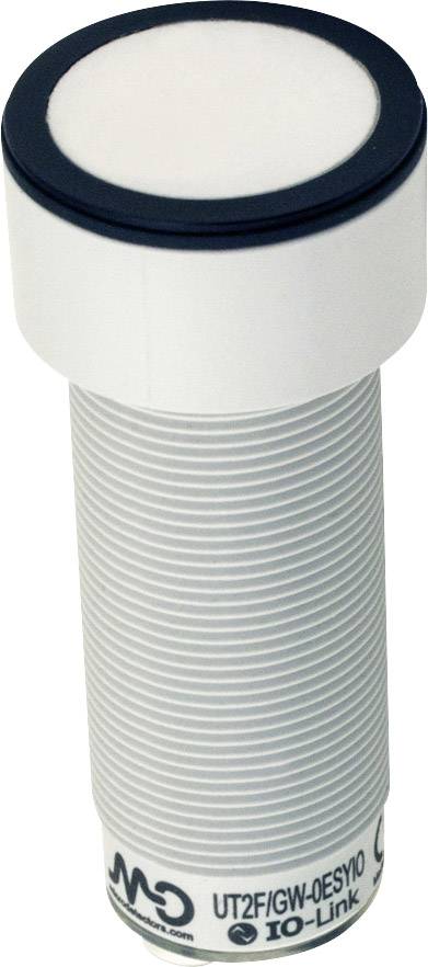 Ein zylindrischer, weiß-grauer Ultraschallsensor mit schwarzem Rand. Markierungen 'GMC' und 'IO-Link' sind sichtbar.