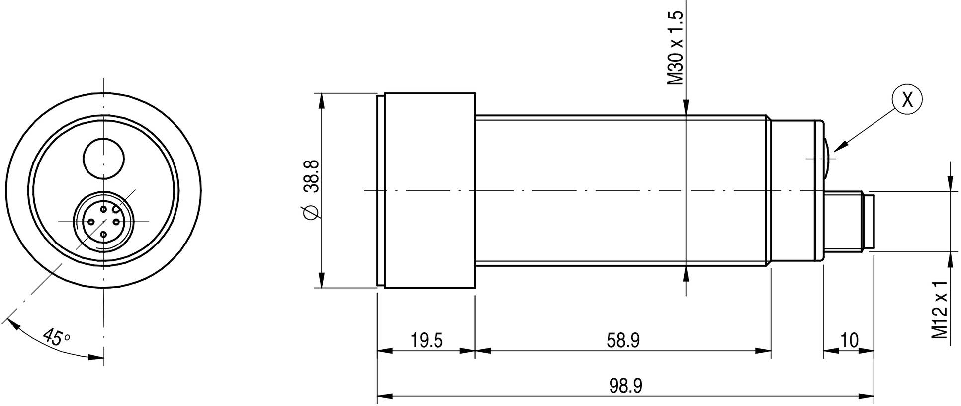 Technische Zeichnung eines Zylinders mit Maßen: Gesamtlänge 98,9 mm, Durchmesser 38,8 mm. Markierte Details wie Winkel und Gewinde.