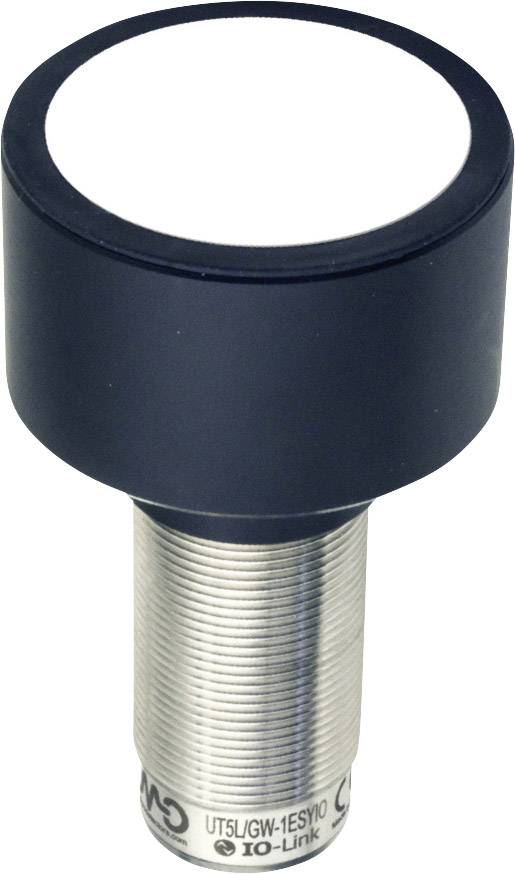 Zylindrischer Sensor mit schwarzem Gehäuse und silbernem Gewinde; dient zur berührungslosen Erkennung von Objekten.