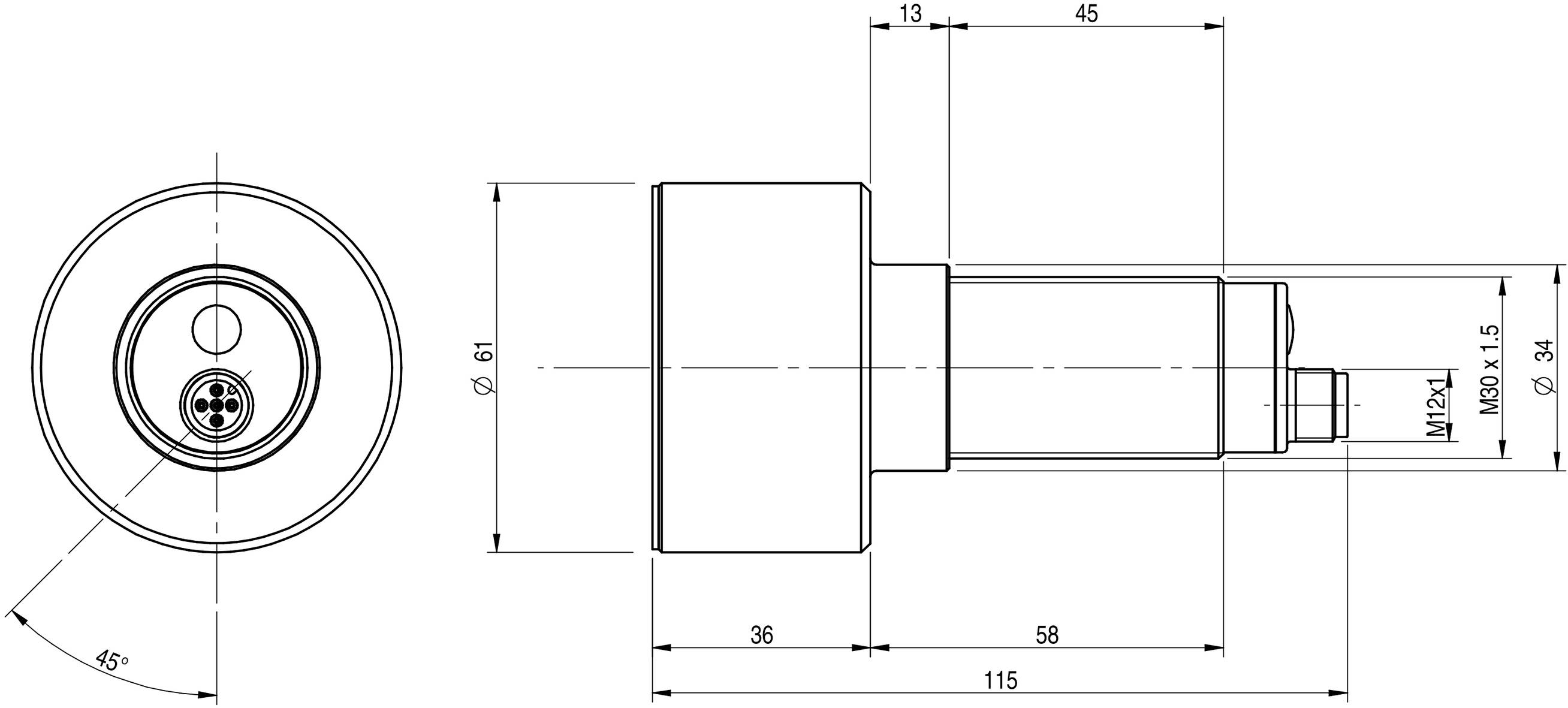 Technische Zeichnung eines zylindrischen Bauteils mit Abmessungen und Beschriftungen in Millimetern. Seiten- und Draufsicht sind dargestellt.