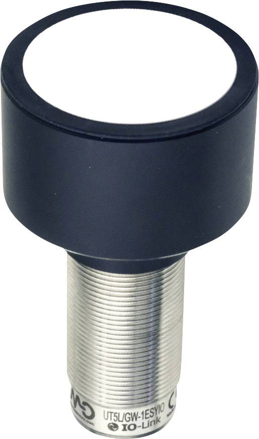 Ein zylindrischer Sensor mit einem blauen Gehäuse und weißer Oberseite. Metallbasis mit Seriennummer und IO-Link-Aufschrift.