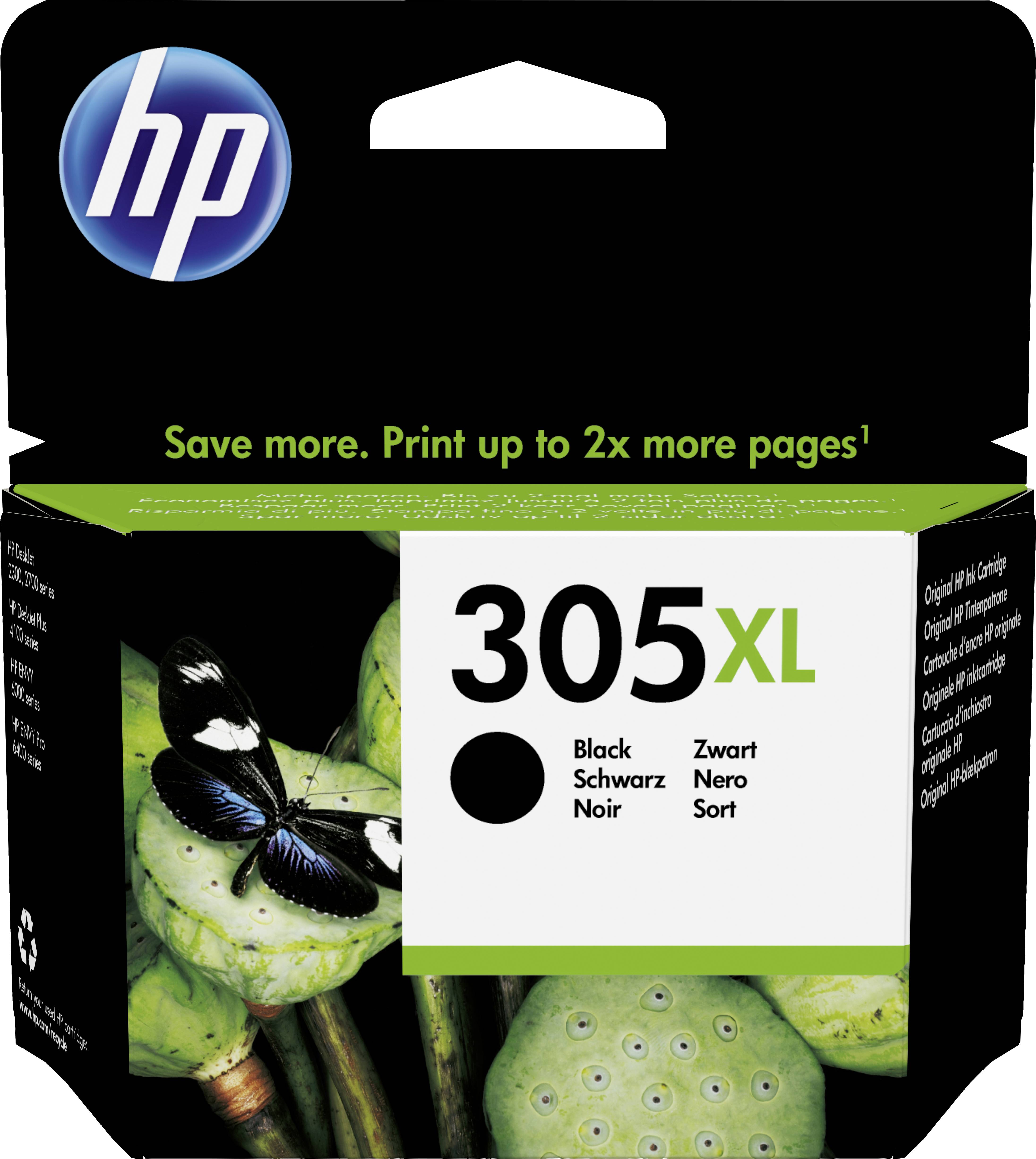 HP 305XL Druckerpatrone Verpackung mit Schmetterlingsbild. Text: 'Save more. Print up to 2x more pages'. Schwarze Patrone.