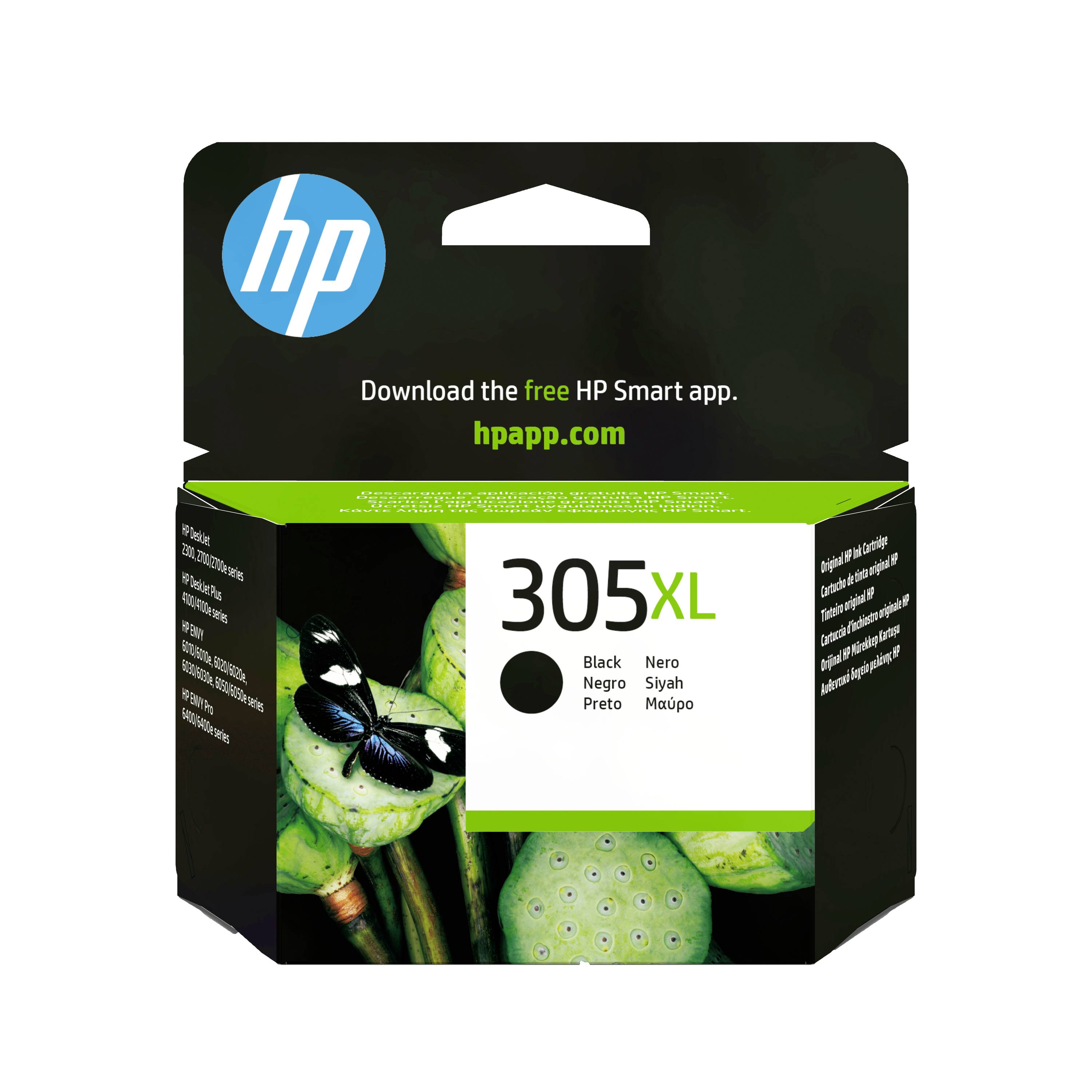 HP 305XL schwarze Tintenpatrone mit HP-Logo und Text „Laden Sie die kostenlose HP Smart-App herunter. hpapp.com