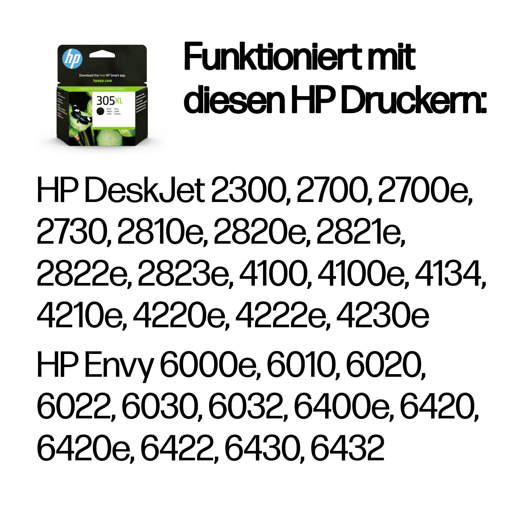 HP 305XL Tintenpatrone kompatibel mit den aufgelisteten HP DeskJet- und Envy-Druckermodellen.