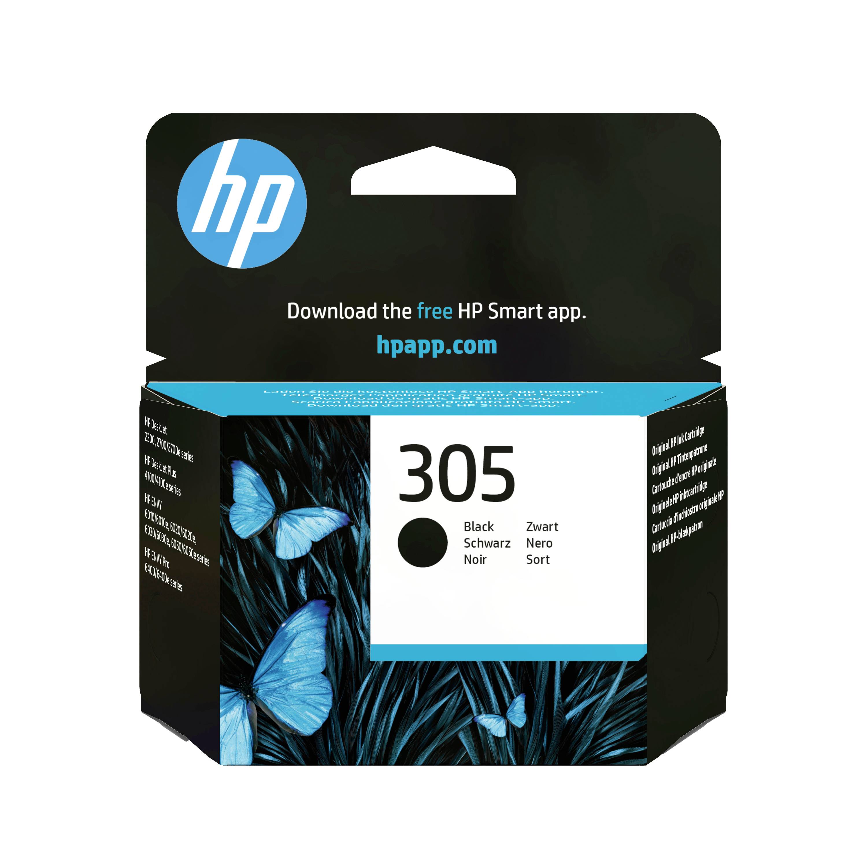 HP 305 schwarze Tintenpatrone Verpackung mit HP-Logo, Text „Laden Sie die kostenlose HP Smart App herunter