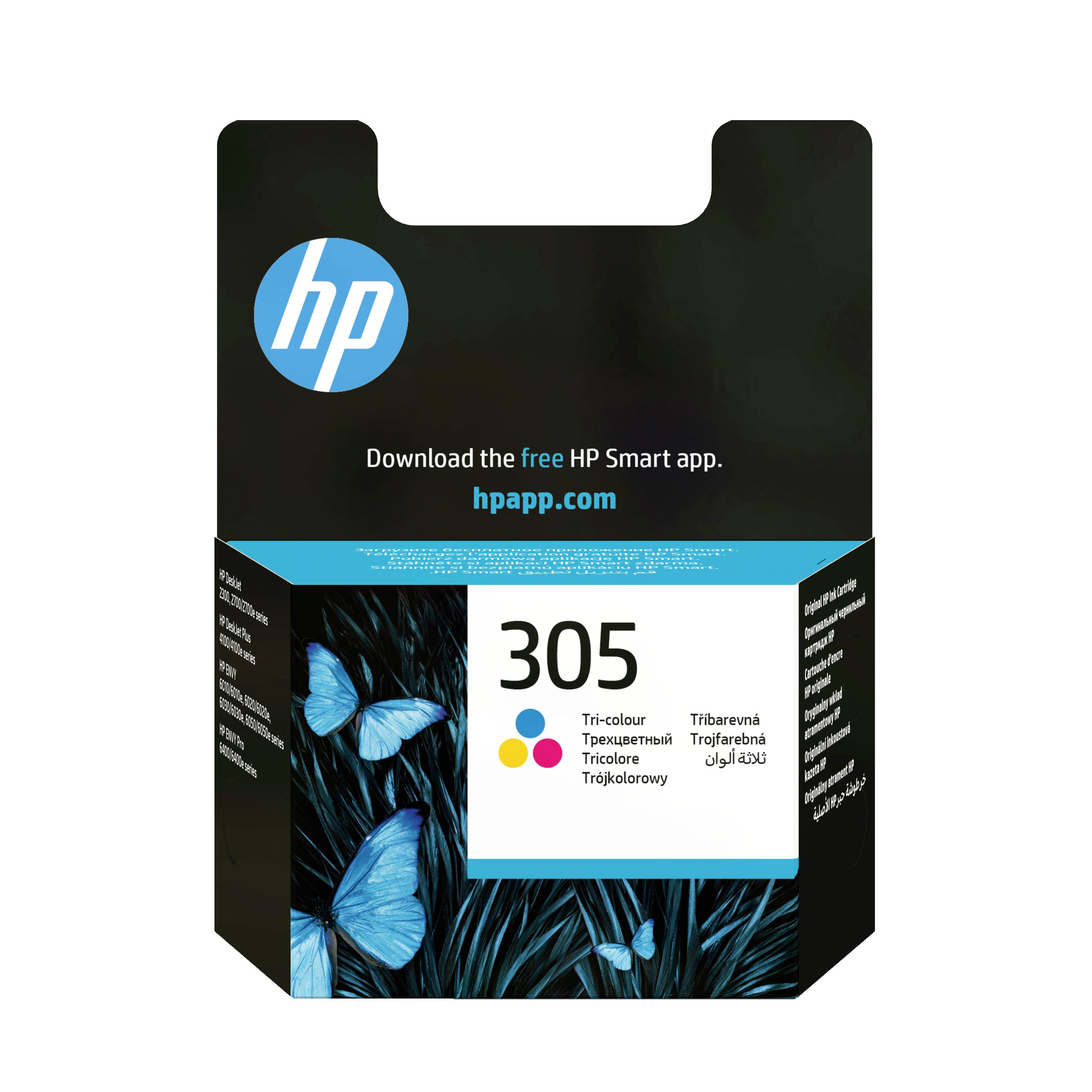 HP Tintenpatrone Karton mit Bezeichnung 305, Tri-Farbe, mit blauem Schmetterlingsdesign und Text „Laden Sie die kostenlose HP Smart App herunter. hpapp.com