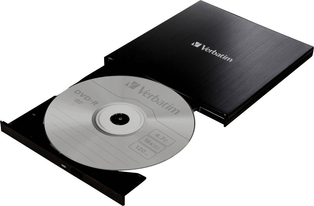 Eine silberne DVD-R von Verbatim liegt in einem schwarzen, geöffneten DVD-Laufwerk.