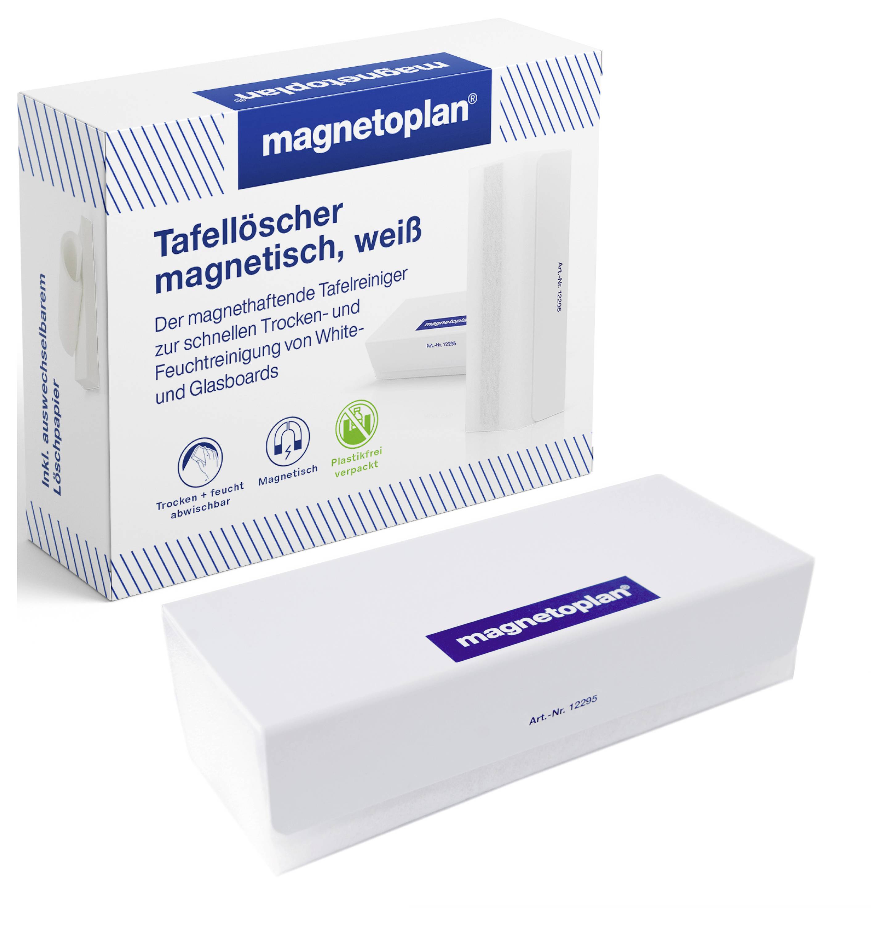 'Magnetoplan' magnetischer Whiteboard-Löscher. Inklusive Eigenschaften: magnetisch, Reinigung für trockene und nasse Anwendungen auf Whiteboards und Glasoberflächen.