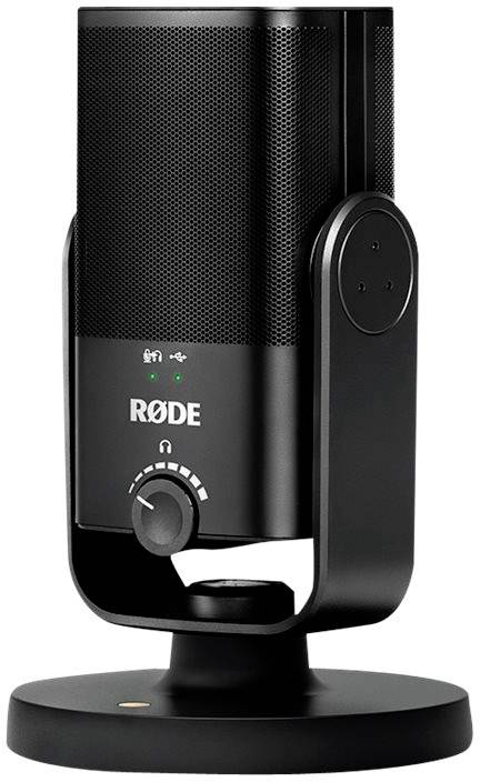 Schwarzes USB-Mikrofon auf Ständer, geeignet für Podcasting. Drehknopf zur Lautstärkeregelung vorne sichtbar.