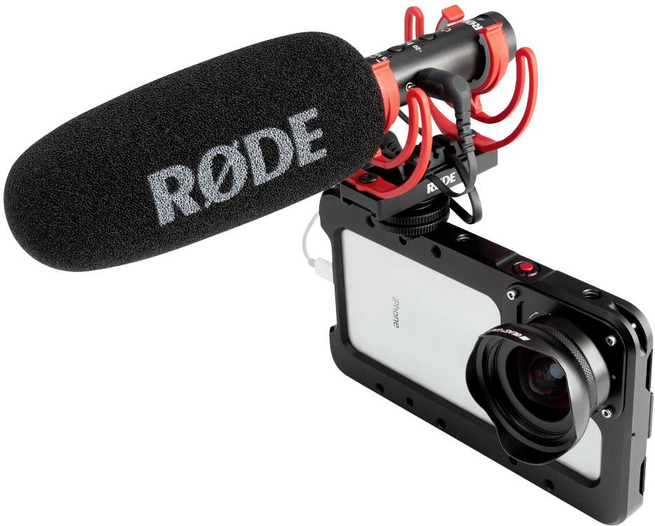 Mikrofon der Marke Rode mit Halterung an einer Kamera montiert, geeignet für Videoaufnahmen mit hochwertigem Ton.