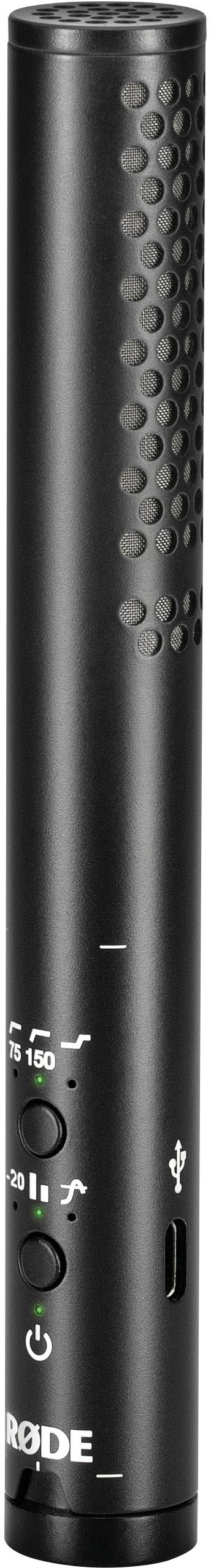 Ein schwarzes, zylindrisches Mikrofongerät mit Knöpfen und USB-Anschluss, geeignet für Audioaufnahmen.