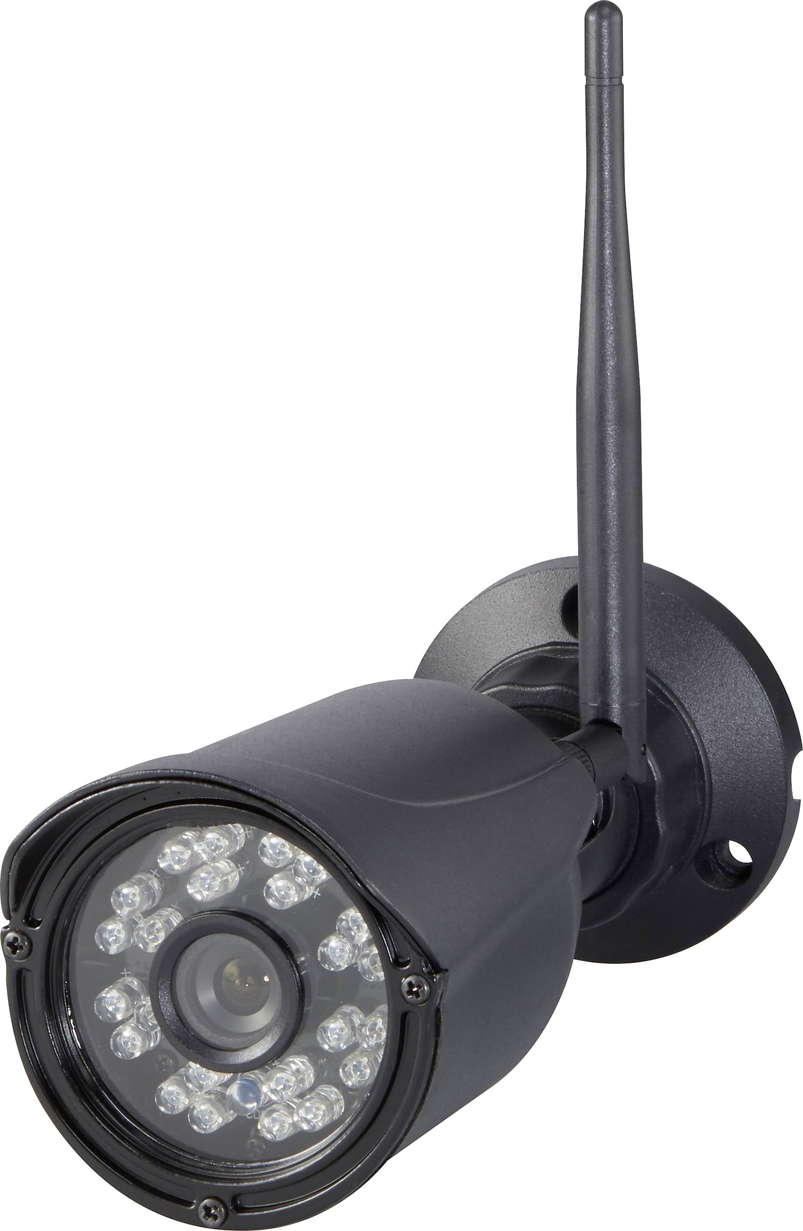 Eine schwarze Überwachungskamera mit Antenne und LED-Lichtern für Nachtsicht, montiert auf einer weißen Wand, zeigt zur Seite.