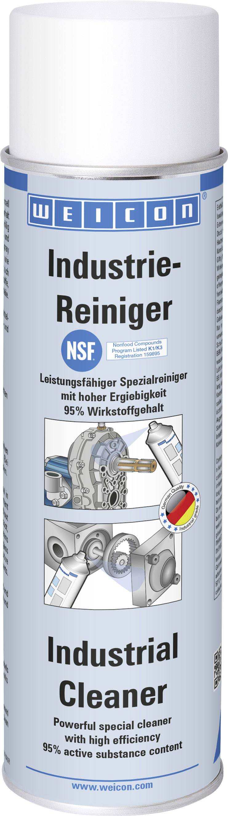 Eine Spraydose mit der Aufschrift 'Industrie-Reiniger' und 'Industrial Cleaner'. Bild eines Zahnrads und Hinweis auf 95% Wirkstoffgehalt.