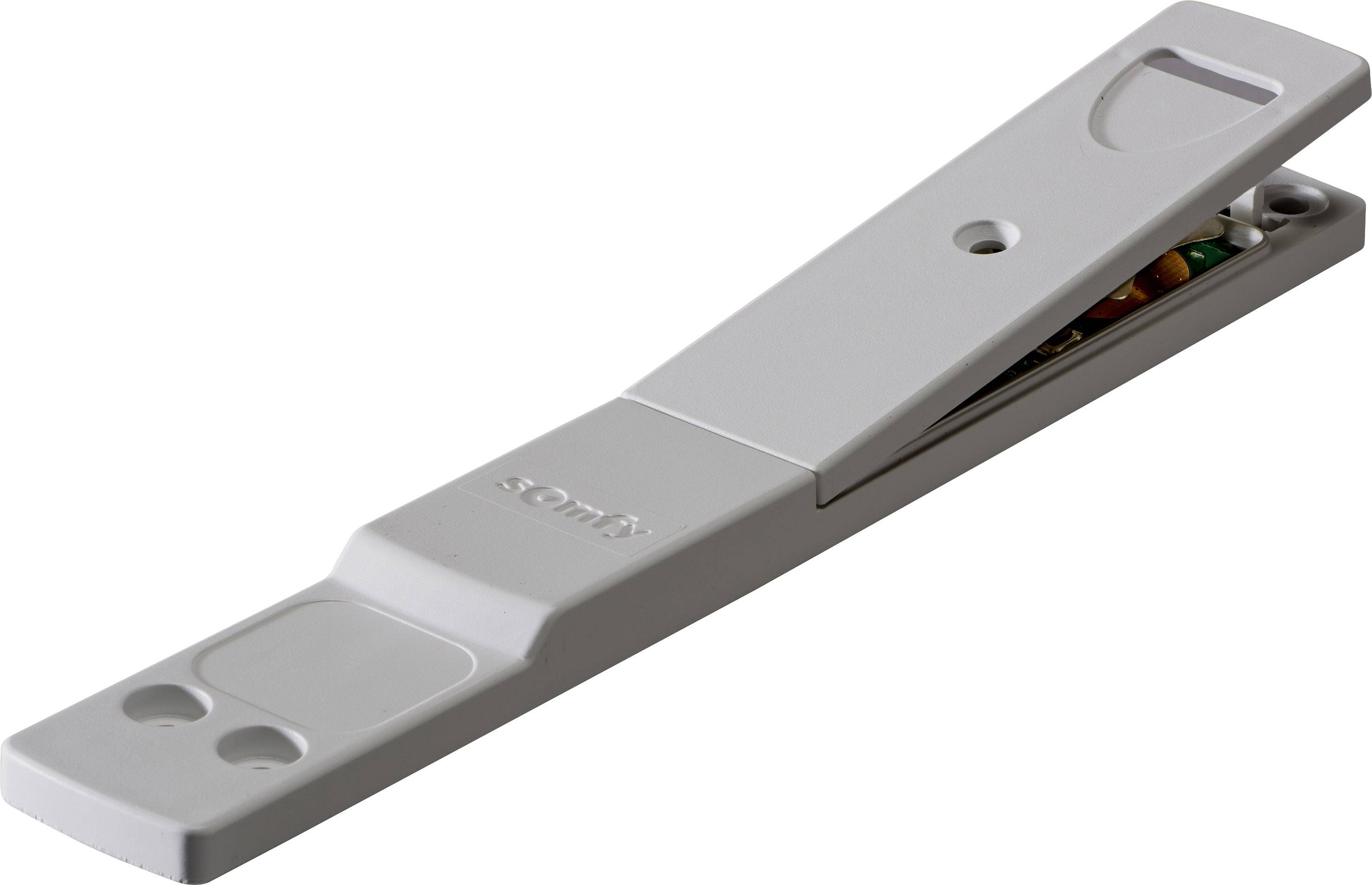 Ein weißer, länglicher Magnetsensor mit einem offenen Gehäuse, das interne Komponenten zeigt.