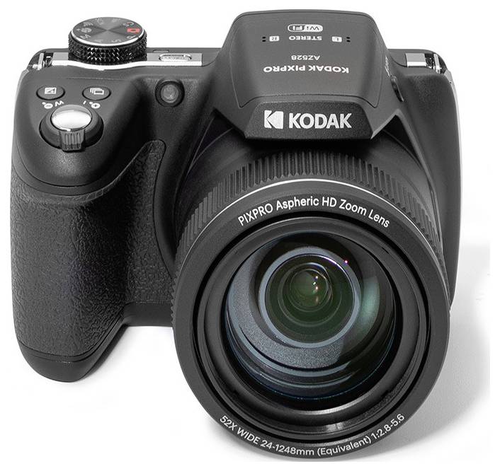 Eine digitale Kodak PixPro Kamera mit großem Zoomobjektiv, mit der Bezeichnung „52X WIDE 24-1248mm (Äquivalent) 1:2,8-5,6