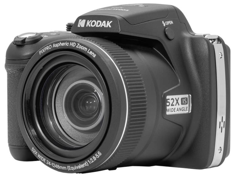 Eine Kodak PIXPRO Digitalkamera mit 52x optischem Zoomobjektiv, die ein elegantes schwarzes Design und gekennzeichnete Objektivmerkmale zeigt.