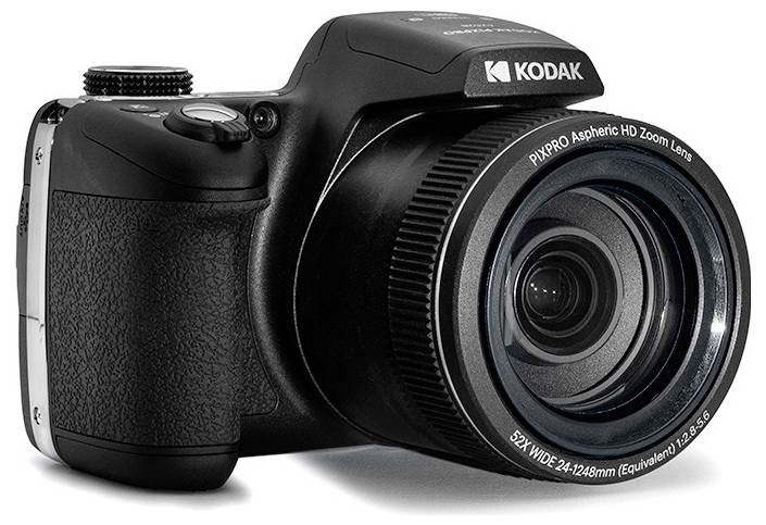 Eine schwarze Kodak-Kamera mit prominentem Zoomobjektiv, mit Bedienelementen oben und Griff an der Seite, konzipiert für die Fotografie.