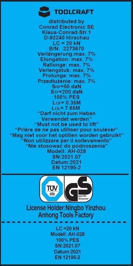 TOOLCRAFT Zweiteiliger Spanngurt Zugkraft LC Niederzurren (einzeln/direkt)=2000 daN (L x B) 8000mm x 50mm Ratsche