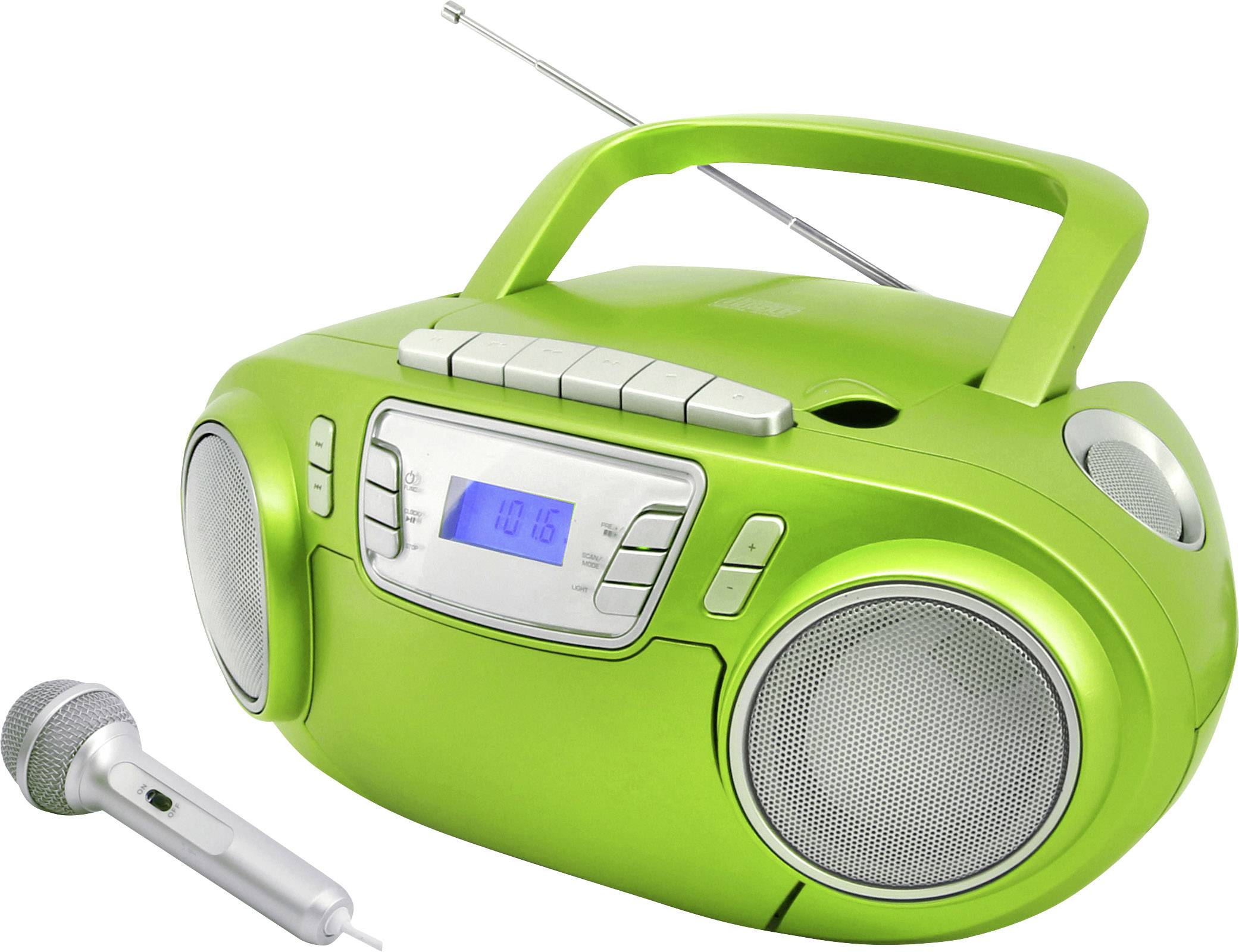 Ein grüner tragbarer Radiorekorder mit Antenne und Mikrofon. Das Display zeigt die Uhrzeit.