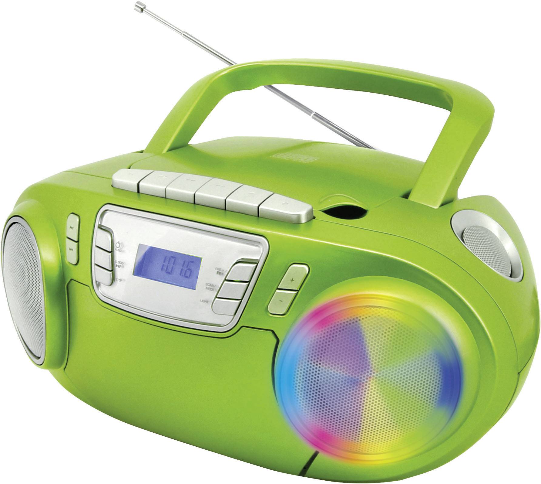 Grüner tragbarer Radio-Boombox mit ausziehbarer Antenne, Lautsprechern und einer digitalen Anzeige, die '10:16' zeigt. bian