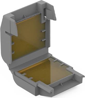 Eine geöffnete graue Kunststoffbox mit orangefarbenen Innenseiten, geeignet für elektronische Bauteile oder Verbindungen.