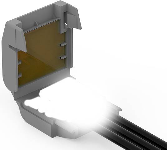 Ein HDMI-Stecker, teilweise geöffnet, zeigt die Innenverbindung und mehrere Kabel, die auf der rechten Seite angeschlossen sind.
