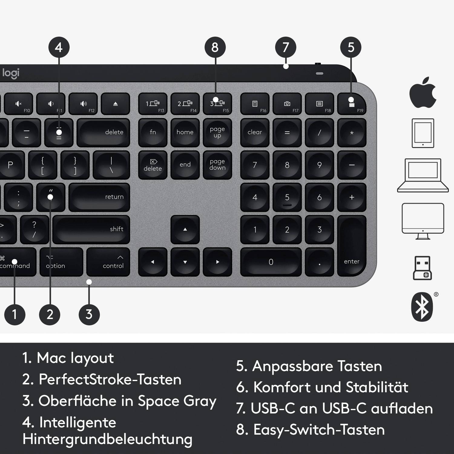Logitech MX Keys for Mac Bluetooth® Tastatur Deutsch, QWERTZ, Mac Spacegrau Beleuchtet