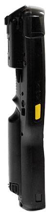 Ein schwarzer Handscanner mit gelbem Knopf und ergonomischem Griff, seitlich gesehen, auf weißem Hintergrund.