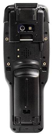 Eine robuste, schwarze elektronische Handheld-Gerät-Rückseite mit einer Kamera in der Mitte oben und mehreren Schrauben und Anschlüssen.