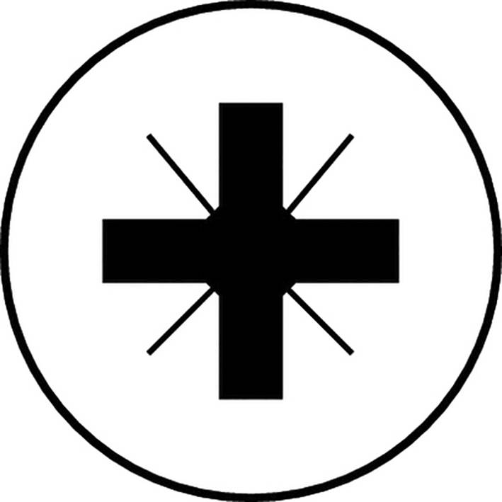 Schwarzes Kreuz mit vier diagonalen Linien in einem Kreis auf weißem Hintergrund. Symbol für Ersthilfe oder Rettungsdienste.