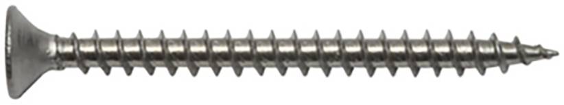 Ein silberner Metallholzschraube mit flachem Kopf und spitzen Enden liegt horizontal.