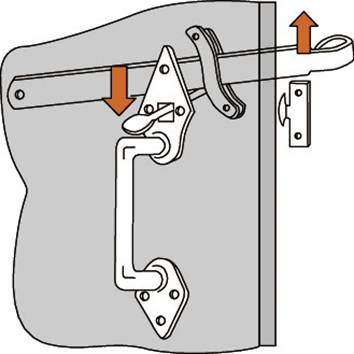 Illustration eines Schubriegelblechs: Eine Hand betätigt den Griff und bewegt den Riegel in einer aufwärts gerichteten Bewegung.