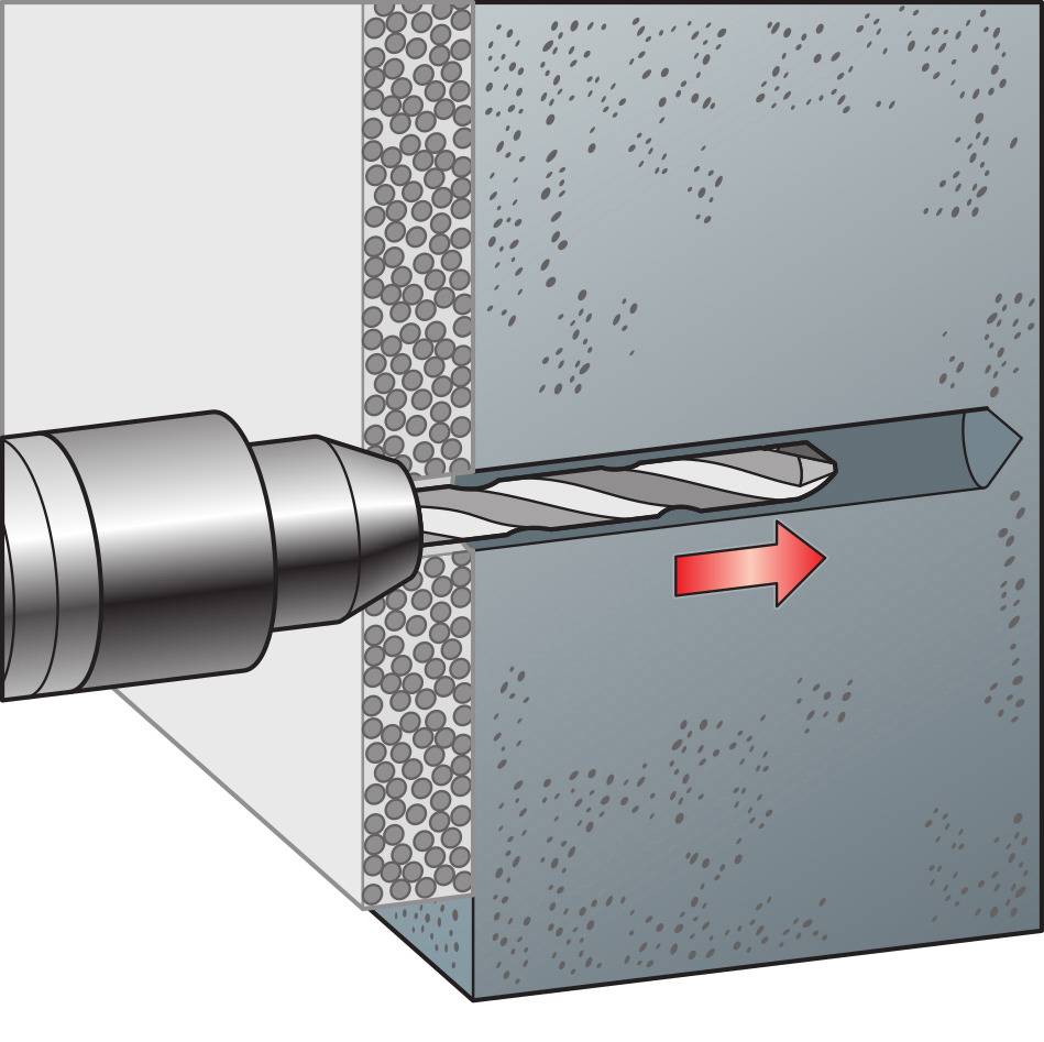 Eine Bohrmaschine bohrt waagerecht durch eine Betonwand. Der Bohrer erzeugt ein Loch mit einem Pfeil, der Durchdringung anzeigt.