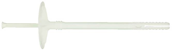 Ein weißer Kunststoff-Dübel mit einem runden Kragen und gezahntem Ende, zur Verwendung für die Befestigung in Wand- oder Deckenmaterial.