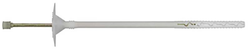 Isolierdübel in Weiß mit Metallnagel, verwendet zur Befestigung von Dämmstoffen an Wänden.