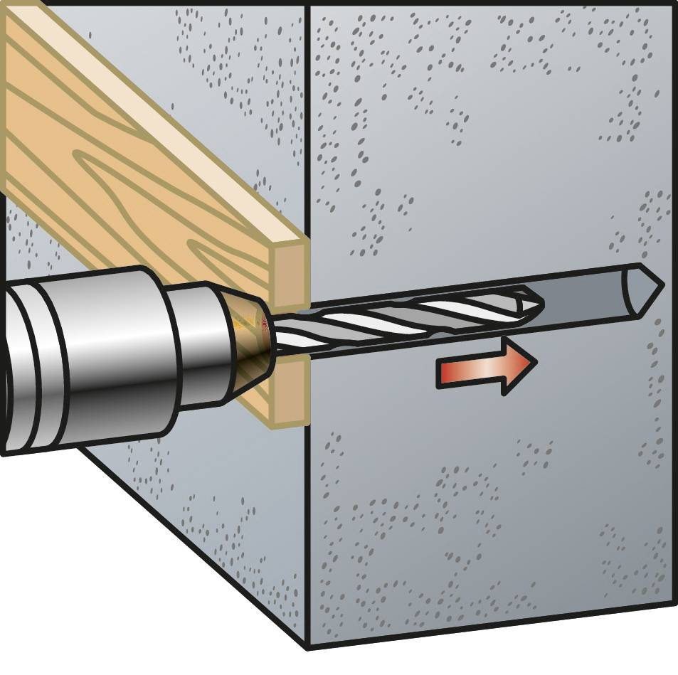 Bohrer durchbohrt Holz und Beton, zeigt Richtungspfeil nach vorne.
