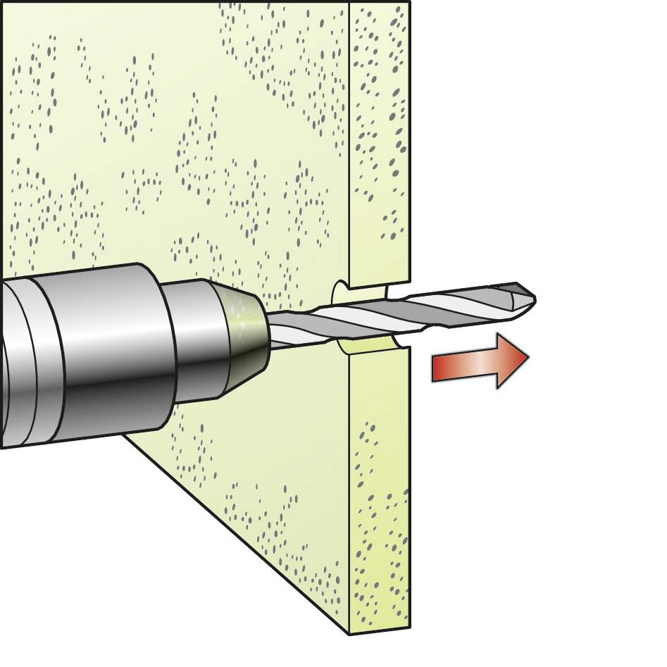 Bohrer durchbohrt eine Wand von links nach rechts, Pfeil zeigt die Bohrbewegung.
