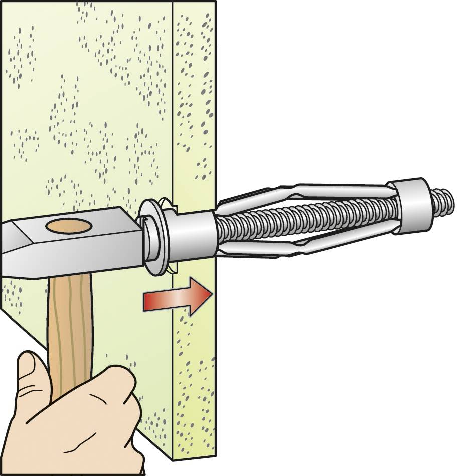 Eine Hand zieht eine Klappdübel-Schraube durch die Wand, um sie zu befestigen. Ein roter Pfeil zeigt die Richtung des Ziehens an.