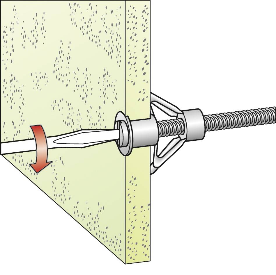 Illustration eines Dübels, der durch eine Wand installiert wird, mit einem Pfeil, der die Drehbewegung zeigt.